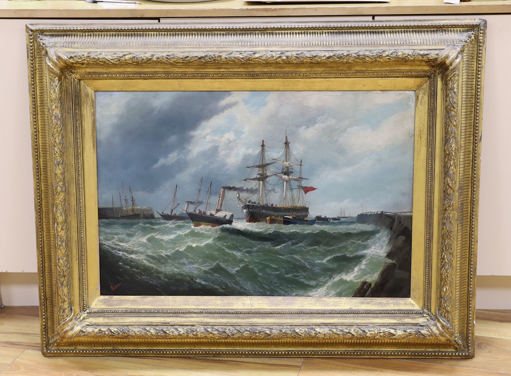 H. Redmore, oil on canvas, Steam tugs towing a sailing ship into harbour, signed, 50 x 75cm